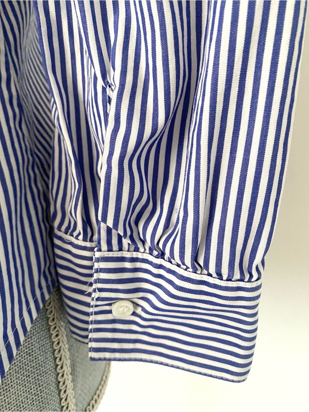 J. Crew x Thomas Mason Blue/White Striped Bow-Tie Blouse Sz 8 Puff Sleeve Preppy - Picture 9 of 13